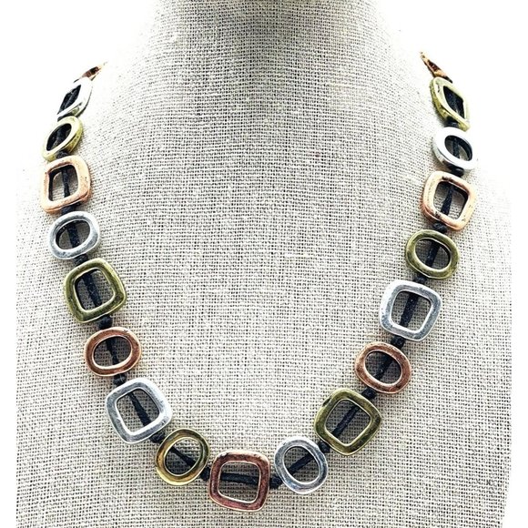 Unbranded Jewelry - Open Square Necklace Black Suede Cord Mixed Metal Tones Modernist Classic Career